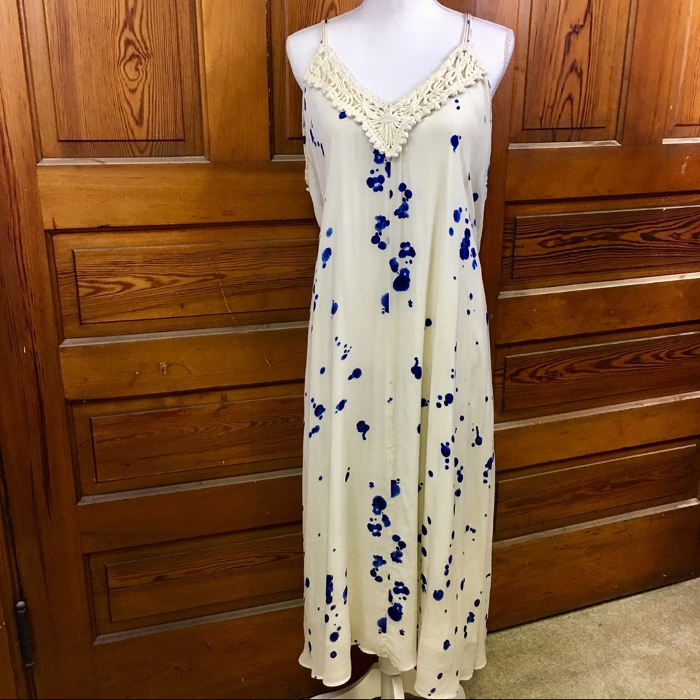 Maeve Cream Maxi Slip Dress with Blue Splatter